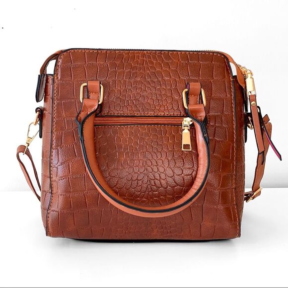 Vegan Brown Crocodile Leather Satchel Bag NWOT - Picture 3 of 6
